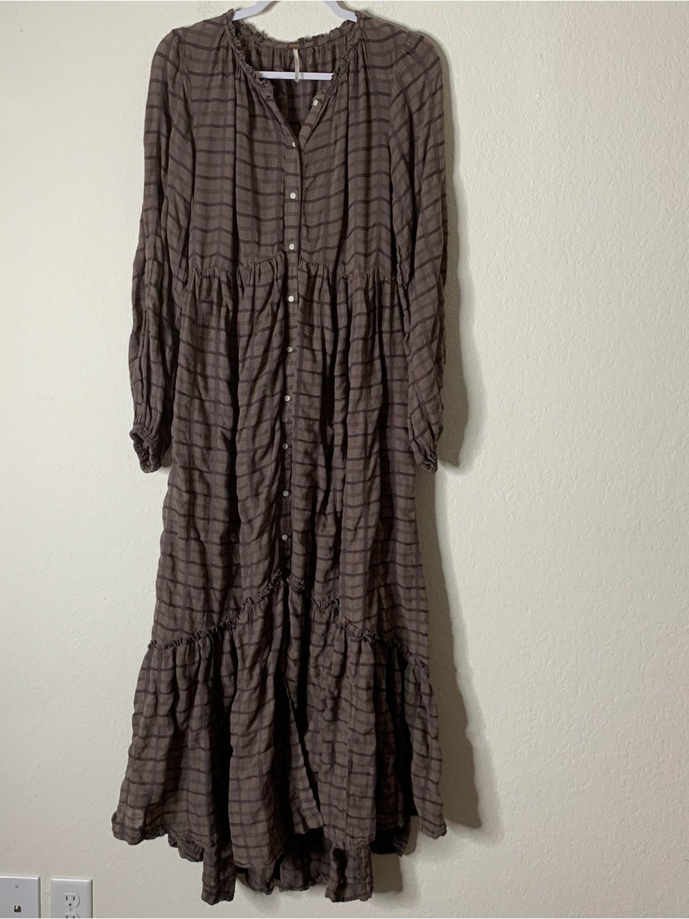 Free People Womens Brown Edie Plaid Long sleeve oversized Maxi Dress S - Picture 2 of 12